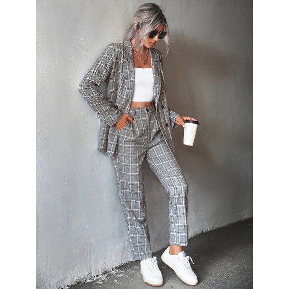 Pants - 2 piece set pantsuit Plaid Double Breasted Blazer & dress Pants gray